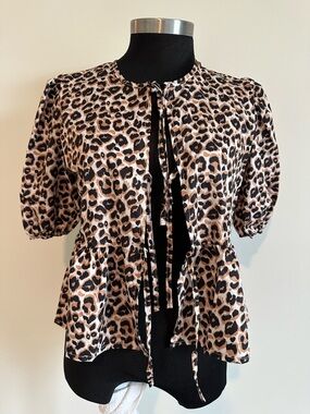 Leopard Print Peplum Tie-Front Blouse - Beige/Black